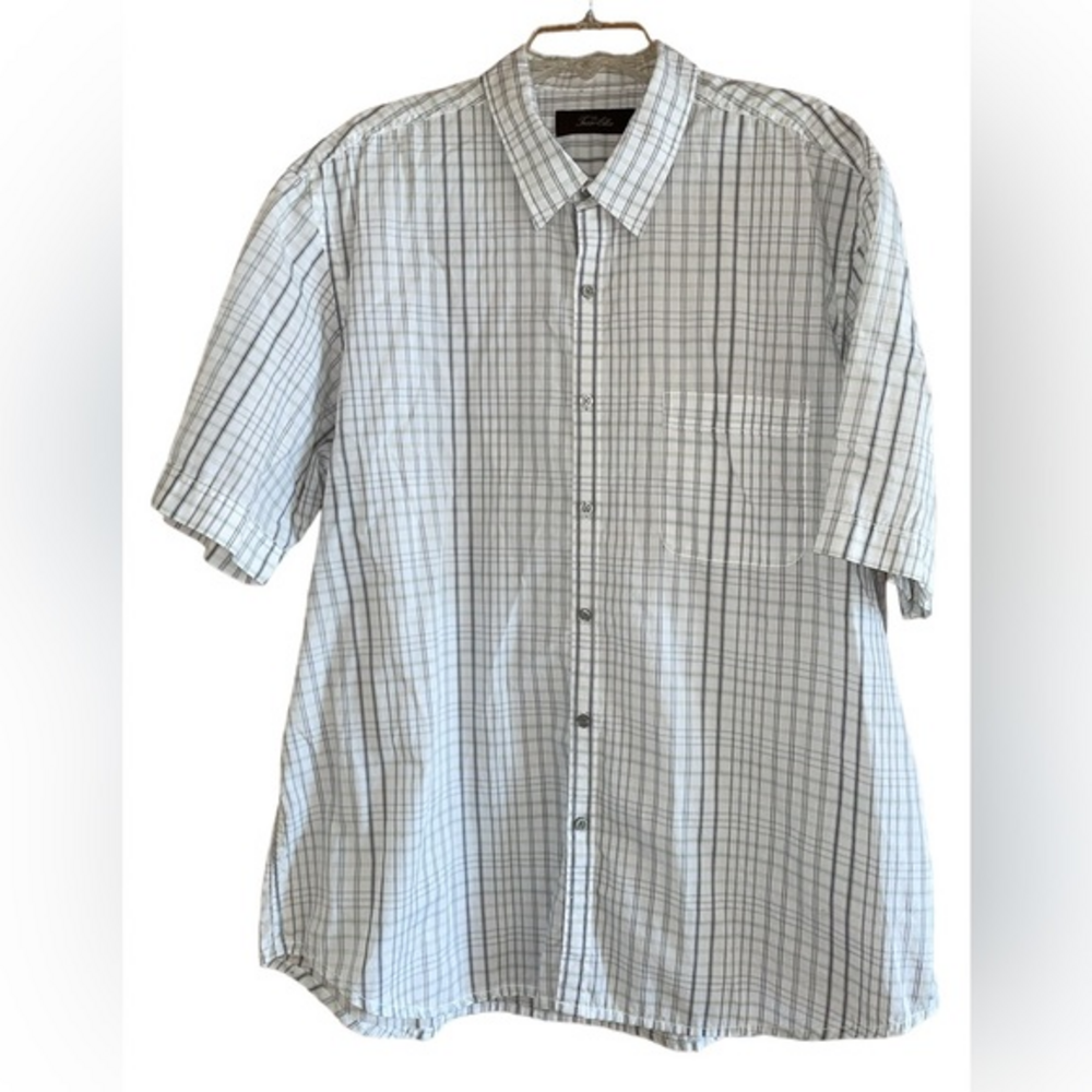 Tasso Elba Short Sleeve Casual Button Down Shirt White Grey Green Check XXL